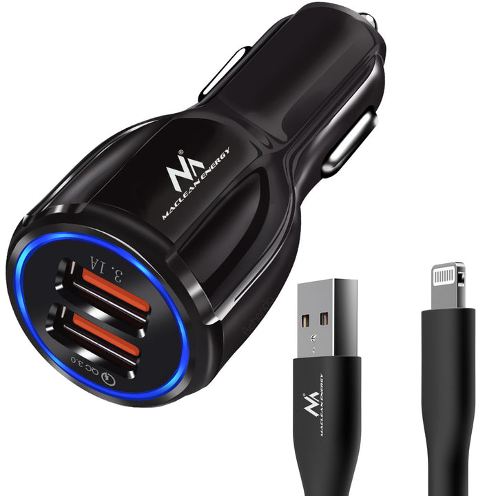 Maclean MCE478 B Car Charger, Qualcomm Quick Charge, QC 3.0 - 5V/3A, 9V/1.8A, 12V/1.6A, 5V/3.1A Socket with Maclean MCE845B MFi Certified Charging Cable Set