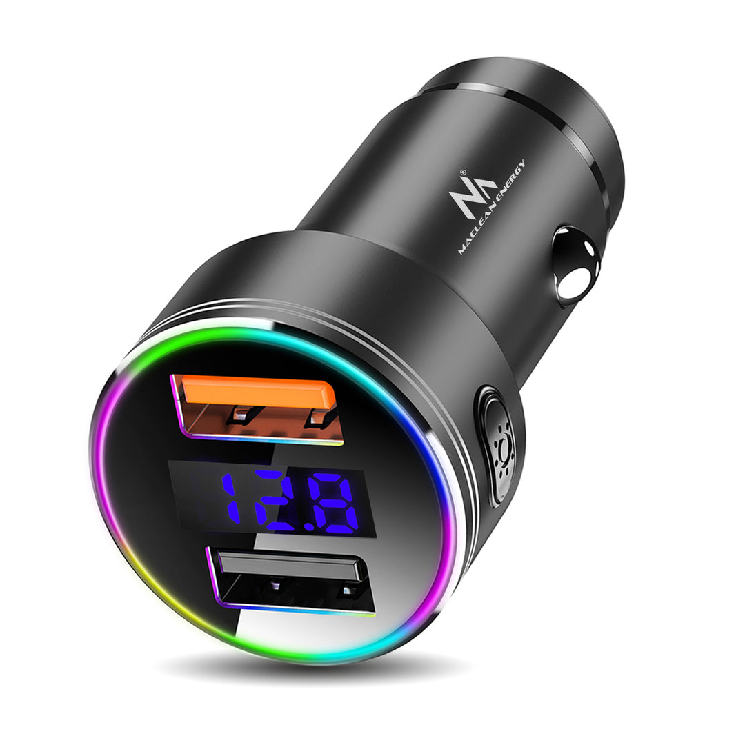 Maclean MCE375 Car Charger with Display Aluminum Voltmeter USB 1x QC 3.0, USB 1x 5V/2.4A RGB LED + MCE945B MFi Certified charging Cable Compatible with iPhone/iPod/iPad