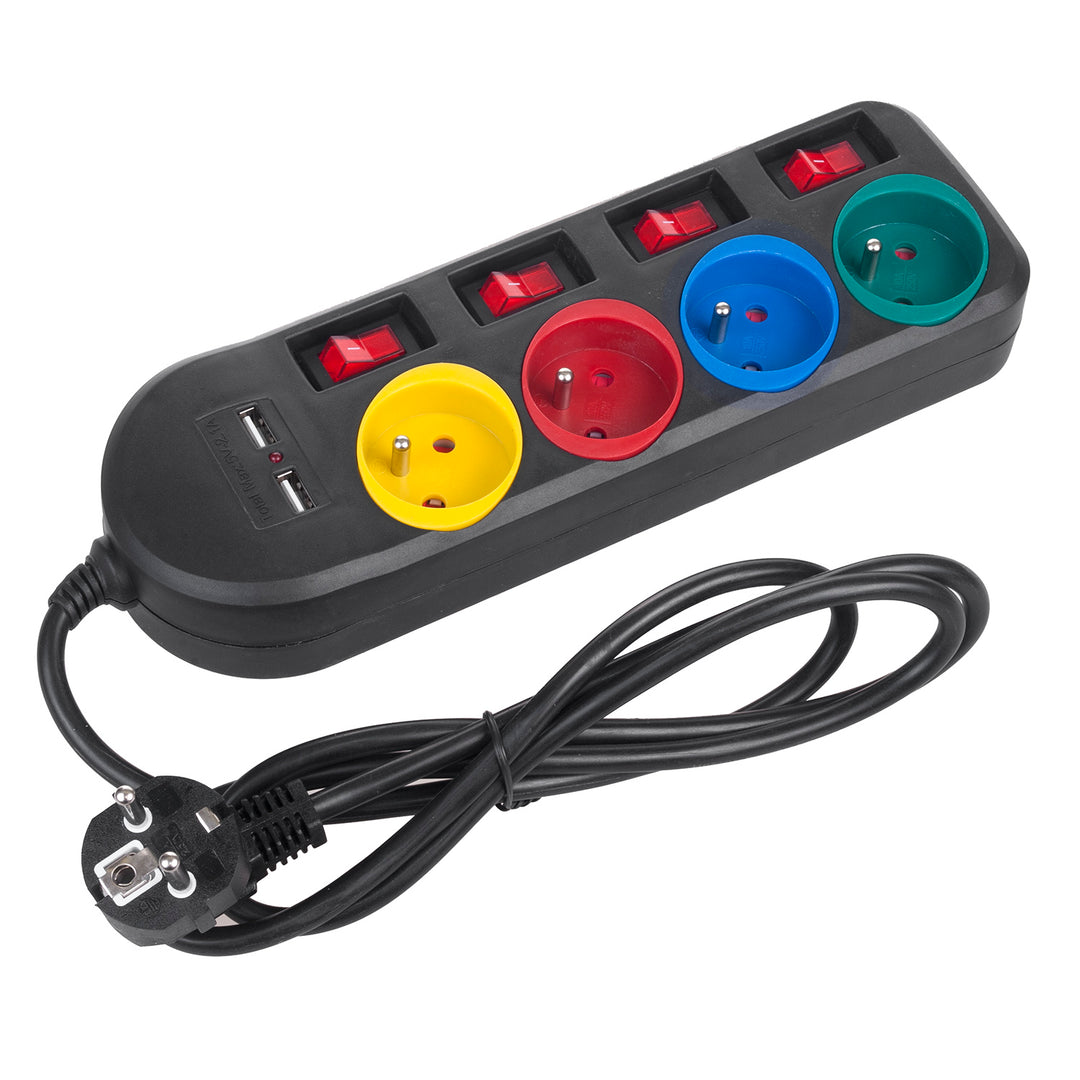 Maclean power strip, extender 4 sockets + 2xUSB, with switches, 250VAC/10A, 2.1A 5V, 1.5m, white, MCE229B + USB cable MCE471