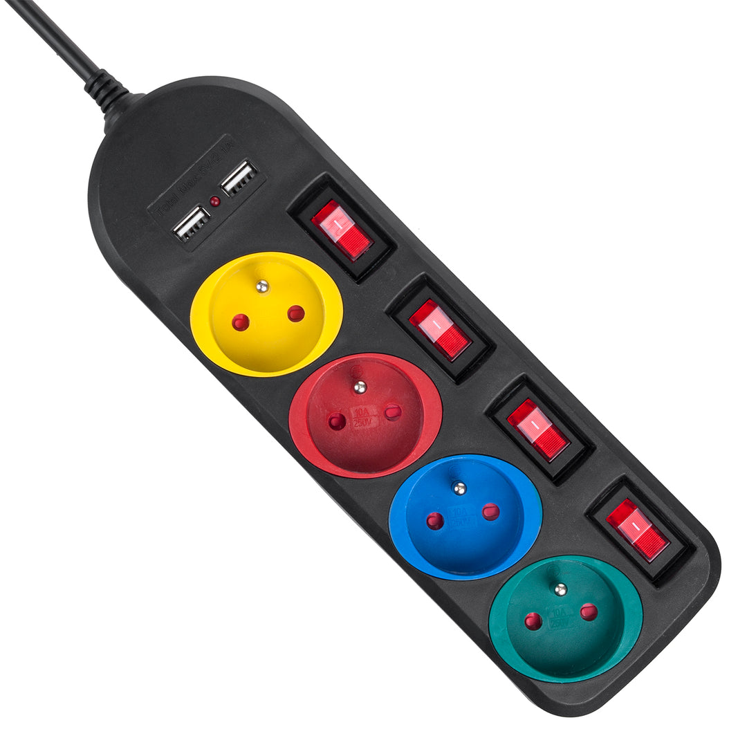 Maclean power strip, extender 4 sockets + 2xUSB, with switches, 250VAC/10A, 2.1A 5V, 1.5m, white, MCE229B + USB cable MCE471