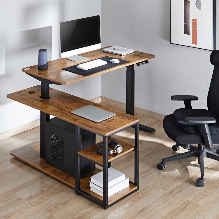 Bureau élévateur électrique Ergo Office, hauteur max. 121cm, max. 70 kg, avec plateau et étagères, pour debout et assis, brun rustique, ER-450, 2 pièces