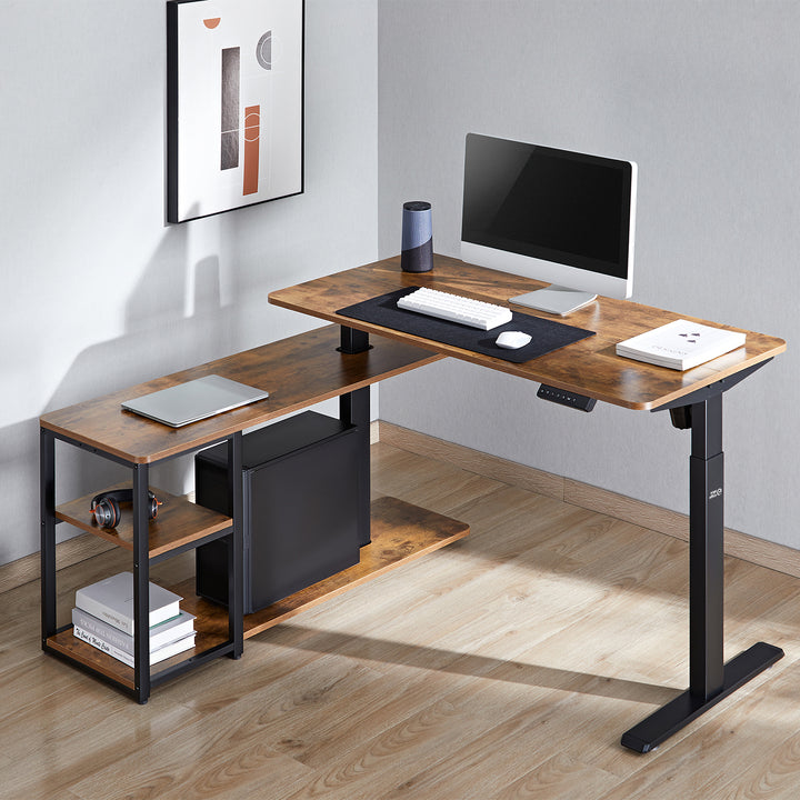 Ergo Office - E Bureau - zit-sta Bureau - lektrisch hefbureau, max. hoogte 121cm, max. 70 kg, met tafelblad en legplanken, voor staand en zittend werk, rustiek bruin, ER-450, 2-delig