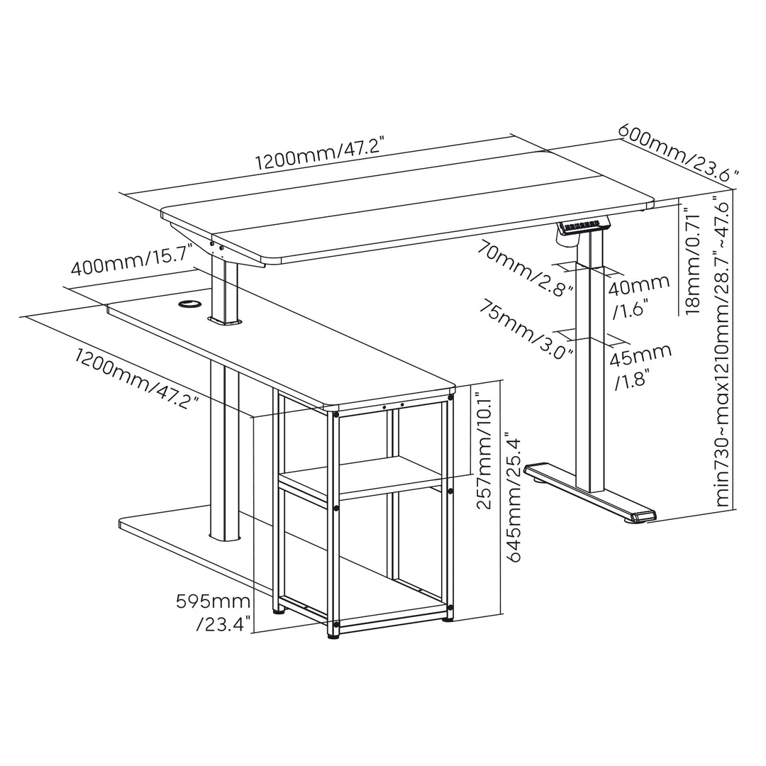 Ergo Office Höhenverstellbarer elektrischer Schreibtisch , max. Höhe 121cm, max. 70 kg, mit Tischplatte und Ablagen, zum Stehen und Sitzen, rustikal braun, ER-450, 2-teilig