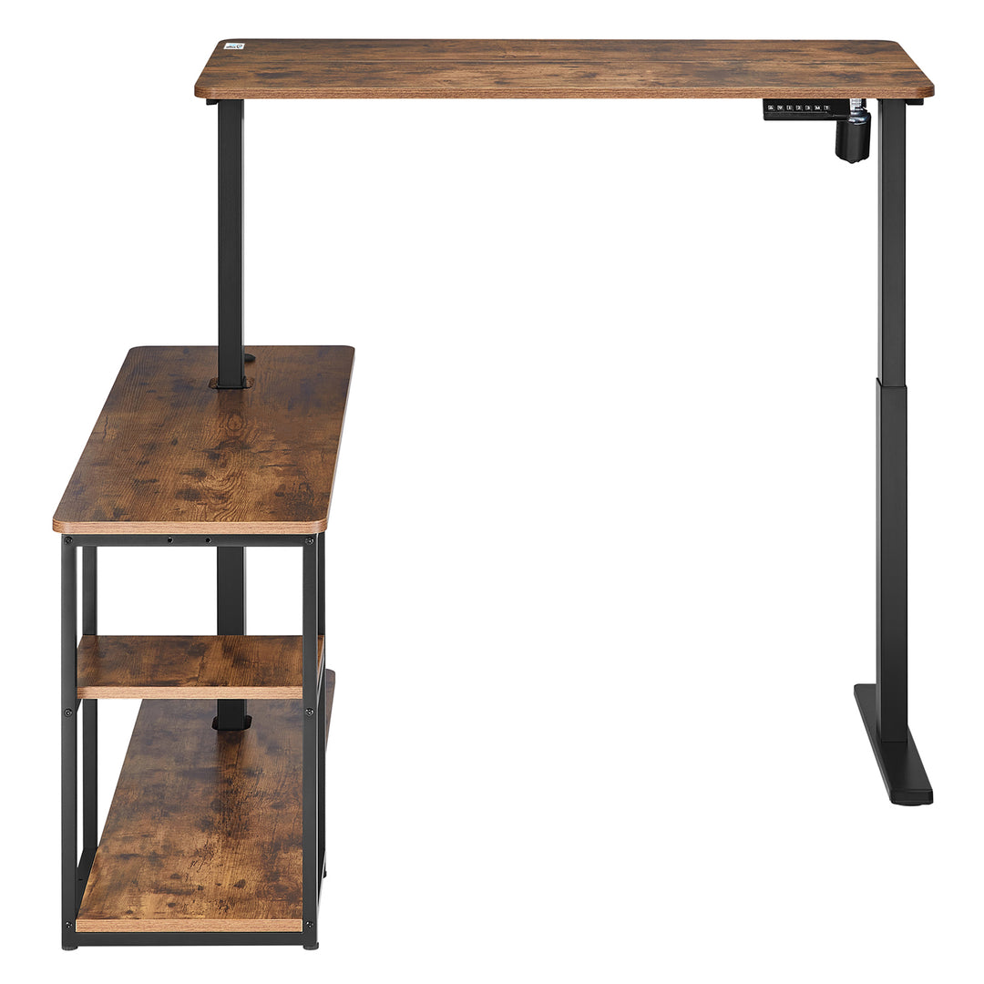 Bureau élévateur électrique Ergo Office, hauteur max. 121cm, max. 70 kg, avec plateau et étagères, pour debout et assis, brun rustique, ER-450, 2 pièces