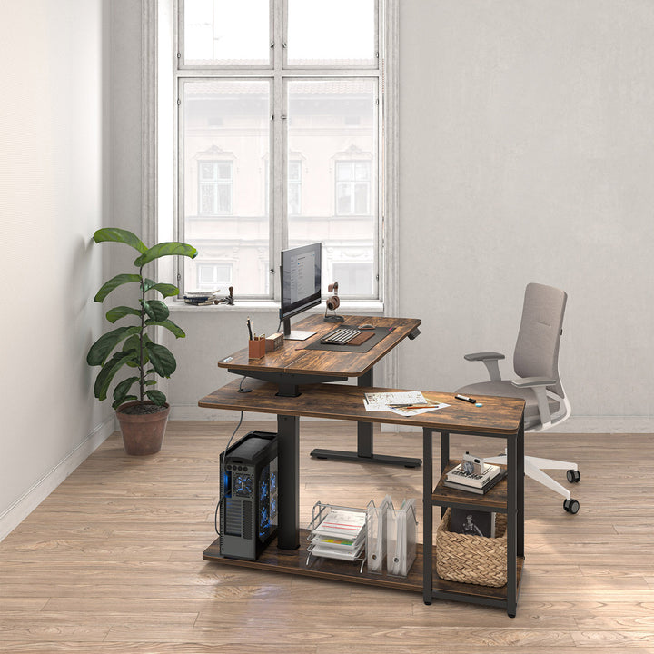 Ergo Office ER-450 Electric Lift Desk with Top and Shelves, max Height 121cm, max - 70 kg, for Standing and Sitting Work, Rustic Brown, 2 Parts