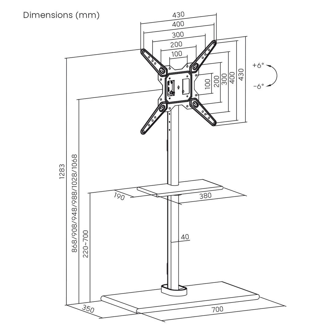 Maclean MC-972 TV Floor Stand with Shelf, TV or Monitor Holder, fot TVs 23"-55", 35kg, Black