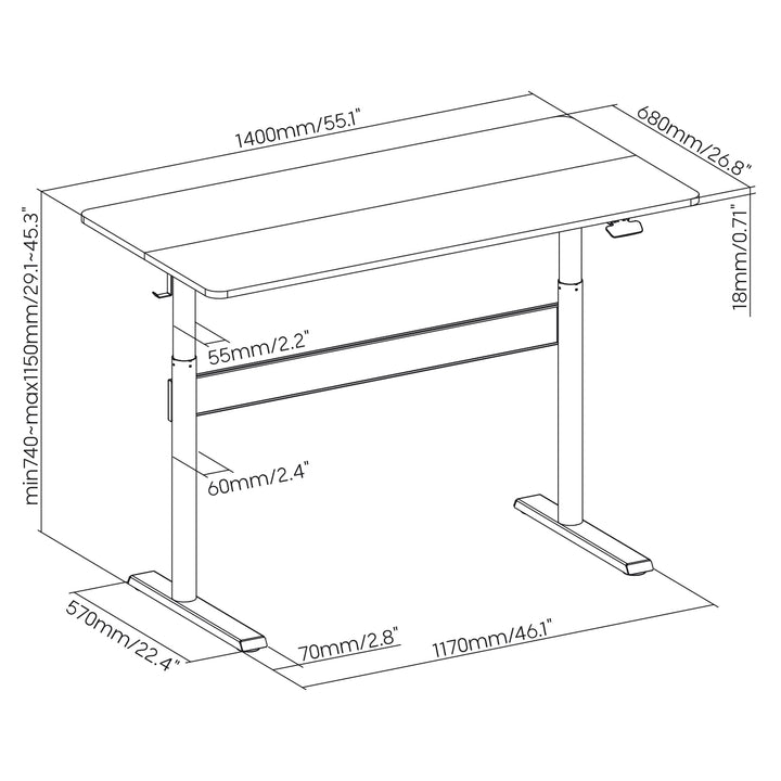 Bureau avec plateau 140x68cm Ergo Office, vérin à gaz, réglable en hauteur, pour travail debout et assis, hauteur max 115cm, ER-453