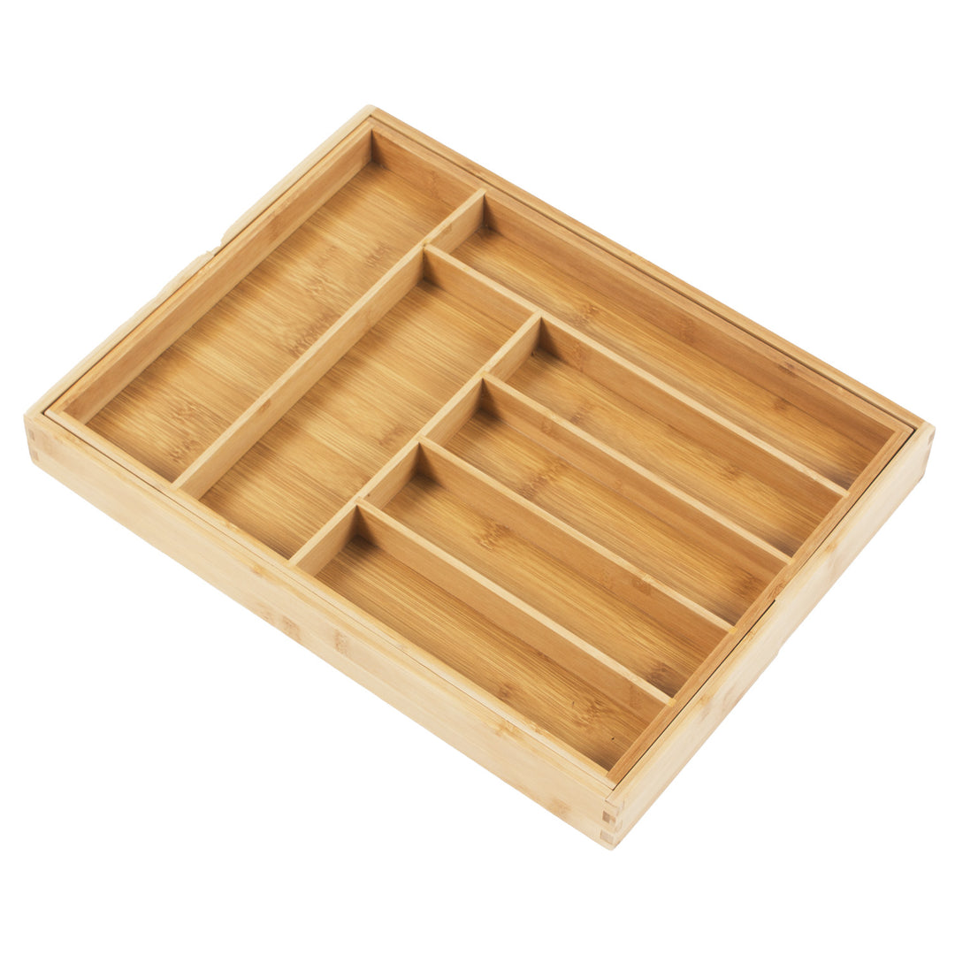 GreenBlue GB379 Organizador de Bambú para Cubiertos, Bandeja Extensible, 7 Compartimientos Básicos y 2 Extraibles para Utansilios de Cocina, Organización de Cajón de Cubertería, Dimensiones: 32,5-50x43x4,5cm