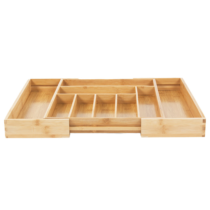 GreenBlue GB379 Organizador de Bambú para Cubiertos, Bandeja Extensible, 7 Compartimientos Básicos y 2 Extraibles para Utansilios de Cocina, Organización de Cajón de Cubertería, Dimensiones: 32,5-50x43x4,5cm