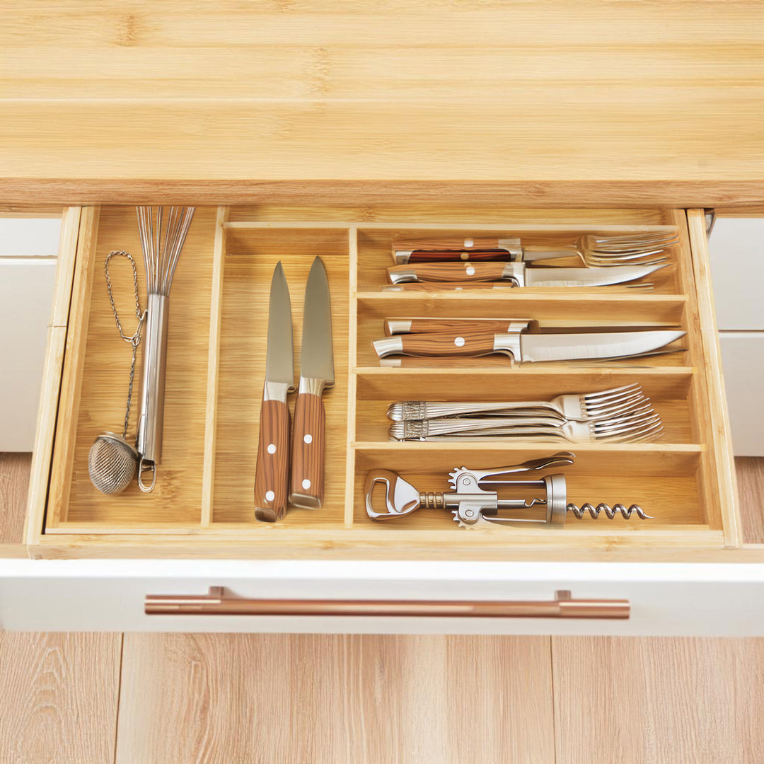 GreenBlue GB379 Expandable Bamboo Cutlery Drawer Organiser Insert Liner Tray Adjustable Length Natural Wood32.5-50cm x 43 x4.5 cm