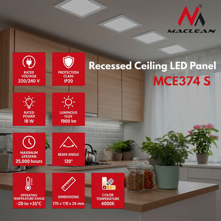 Maclean MCE374 S Plaque de plafond LED encastrée SLIM, 18W, blanc neutre 4000K, 170*170*26mm, 1900lm,