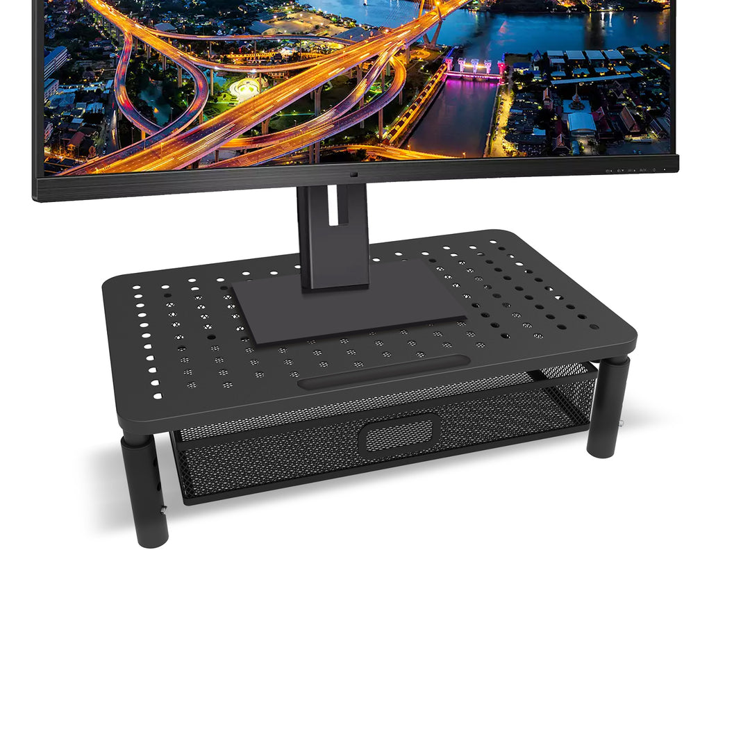 Maclean MC-947 Soporte Ergonómico para Monitor/Portátil con Cajón, Tamaño de Pantalla de 13 a 32 Pulgadas, Altura Ajustable, Superficie Perforada