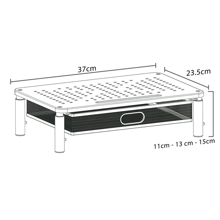 Maclean MC-947 Soporte Ergonómico para Monitor/Portátil con Cajón, Tamaño de Pantalla de 13 a 32 Pulgadas, Altura Ajustable, Superficie Perforada