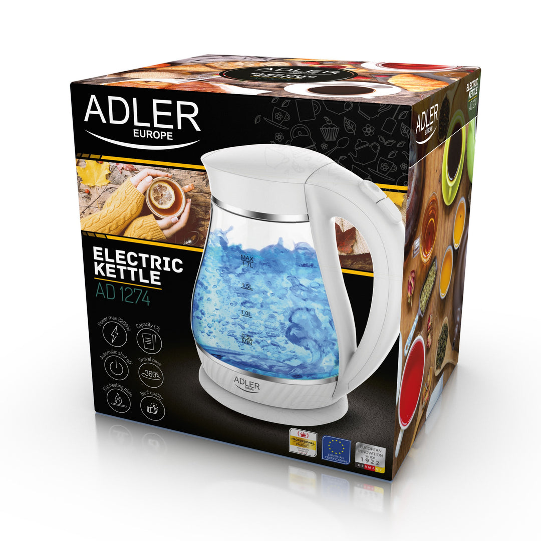 ADLER AD1274 Cordless Glass Electric Kettle 1.7L UK Plug 2200W LED Backlight Auto Shut Off Plastic-Free Water