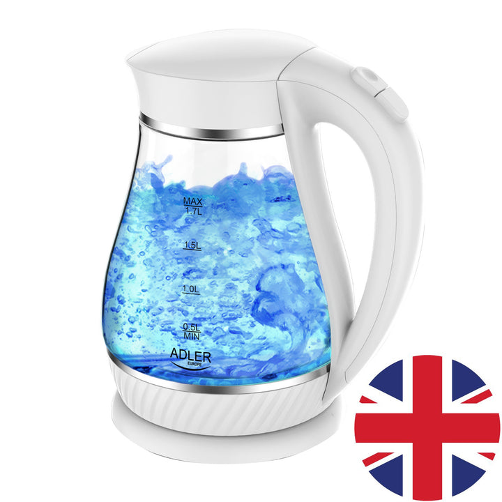 ADLER AD1274 Cordless Glass Electric Kettle 1.7L UK Plug 2200W LED Backlight Auto Shut Off Plastic-Free Water