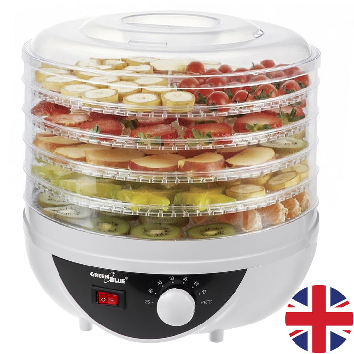 Secador de setas, verduras y frutas GreenBlue, 250 W de potencia - muy silencioso, enchufe GB195 del Reino Unido