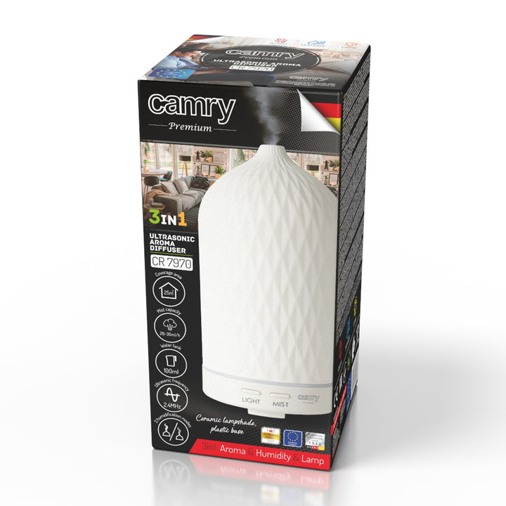 Camry CR 7970 Ultraschall-Aromadiffusor 3in1, 3 Funktionen: Aromatherapie, Schonende Befeuchtung, Stimmungslampen,Ultraschallfrequenz: 2,4MHz, Fassungsvermögen: 100ml, Befeuchtungsleistung: 20-30ml/h