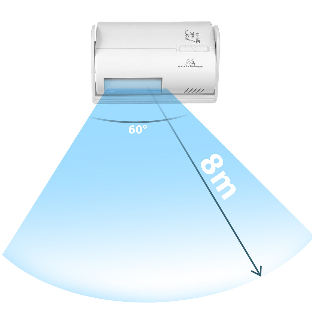Dispositif de signalisation d'entrée sans fil Maclean, capteur PIR, portée 8m, alimenté par une batterie 9V DC, volume supérieur à 70dB, MCE311 W