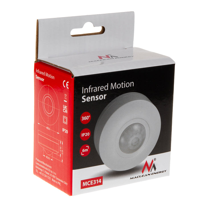 Maclean MCE314 W: PIR Motion Sensor, 6m range, ceiling mounted, max load 1200W, IP20-rated.