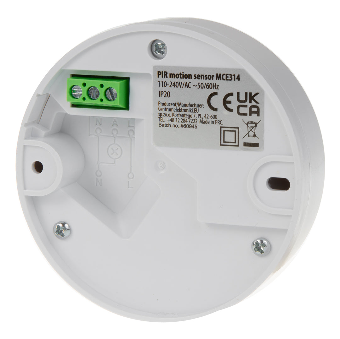 Maclean MCE314 W: PIR Motion Sensor, 6m range, ceiling mounted, max load 1200W, IP20-rated.