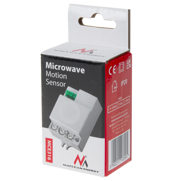 Maclean MCE316 microwave motion sensor, offering an 8m range with a maximum load of 1200W. Rated IP20, it operates at 5.8 GHz, ensuring reliable performance.