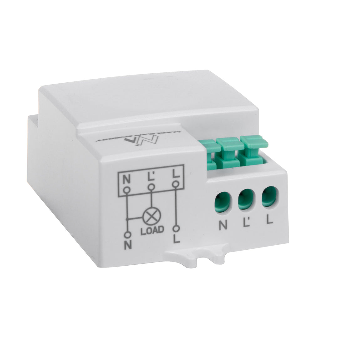 Maclean MCE316 microwave motion sensor, offering an 8m range with a maximum load of 1200W. Rated IP20, it operates at 5.8 GHz, ensuring reliable performance.