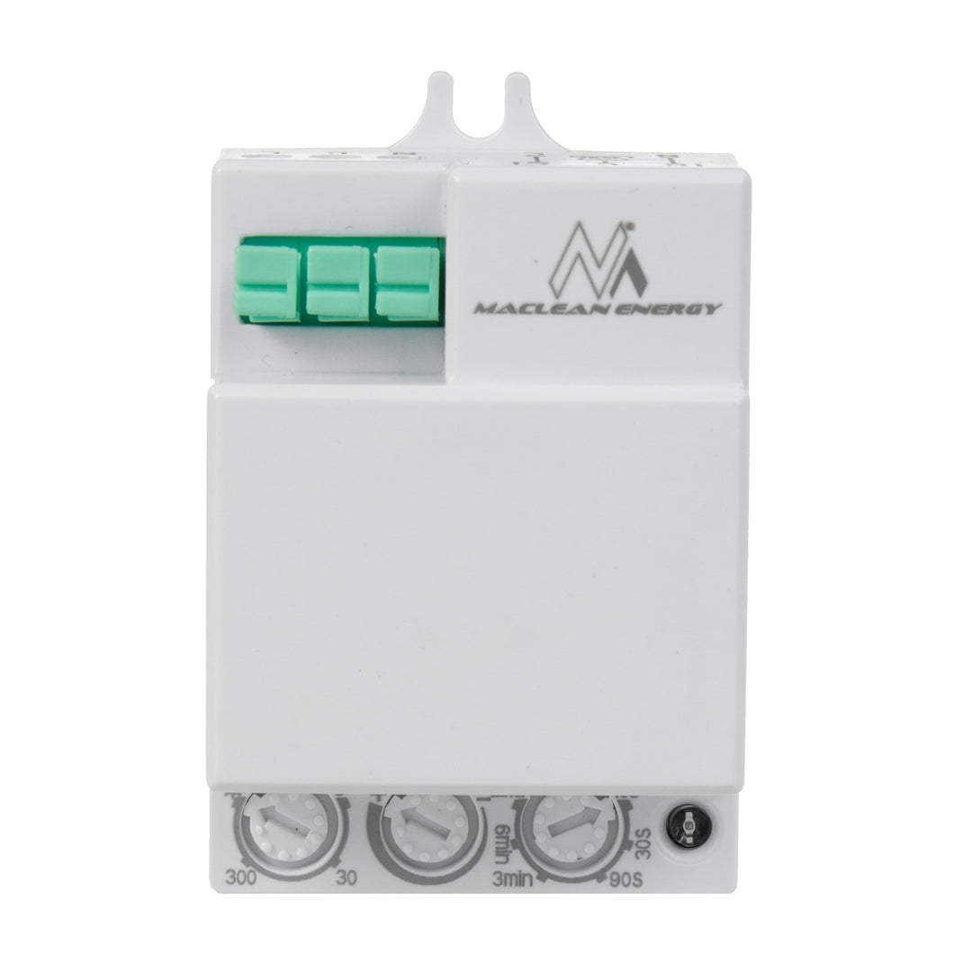 Maclean MCE316 microwave motion sensor, offering an 8m range with a maximum load of 1200W. Rated IP20, it operates at 5.8 GHz, ensuring reliable performance.