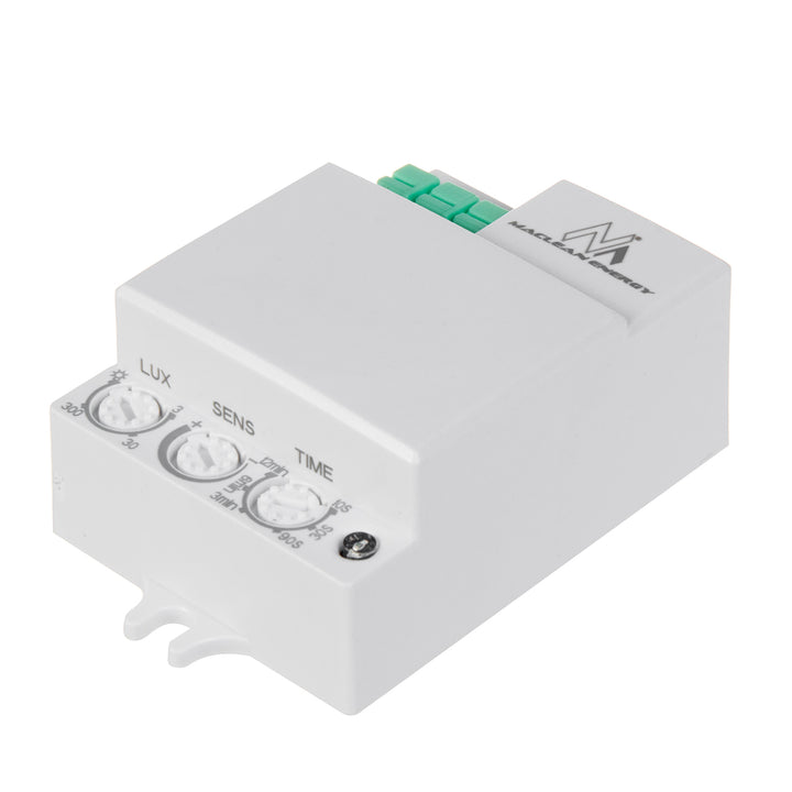 Maclean MCE316 microwave motion sensor, offering an 8m range with a maximum load of 1200W. Rated IP20, it operates at 5.8 GHz, ensuring reliable performance.