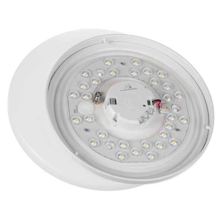 Maclean MCE347 ceiling LED sensor lamp. Equipped with a 5.8GHz microwave sensor, it emits a 4000K light with 12W power and 950lm brightness. With an IP44 rating, it ensures durability and reliability in various environments.