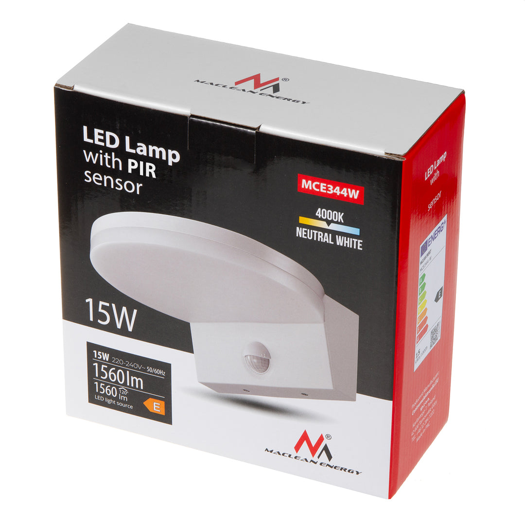 Maclean MCE344 W motion sensor LED lamp. Featuring a PIR motion sensor, it emits a neutral white light (4000K) with 15W power and 1560lm brightness. Rated IP65, it ensures durability and reliability in various environments.