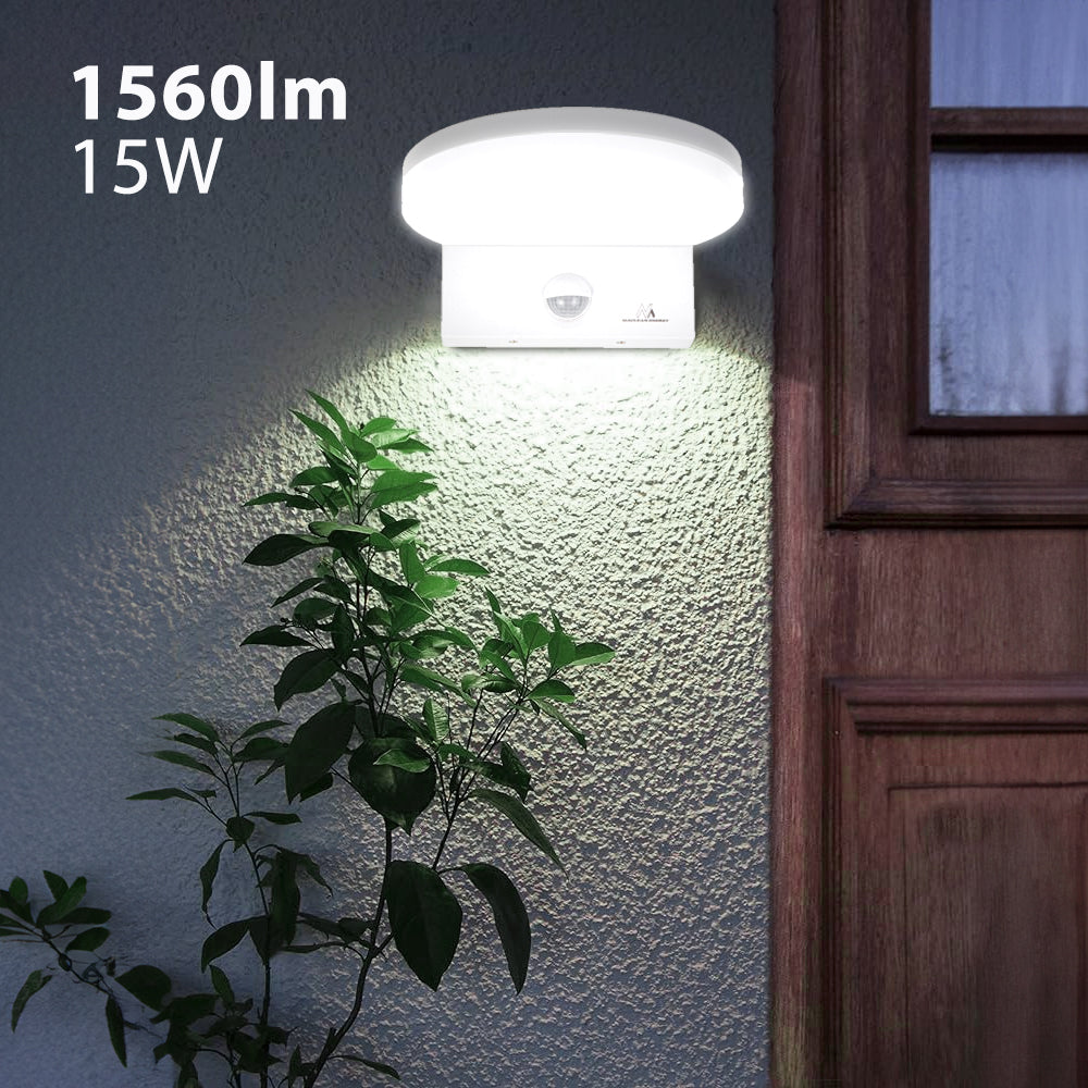 Maclean MCE344 W motion sensor LED lamp. Featuring a PIR motion sensor, it emits a neutral white light (4000K) with 15W power and 1560lm brightness. Rated IP65, it ensures durability and reliability in various environments.