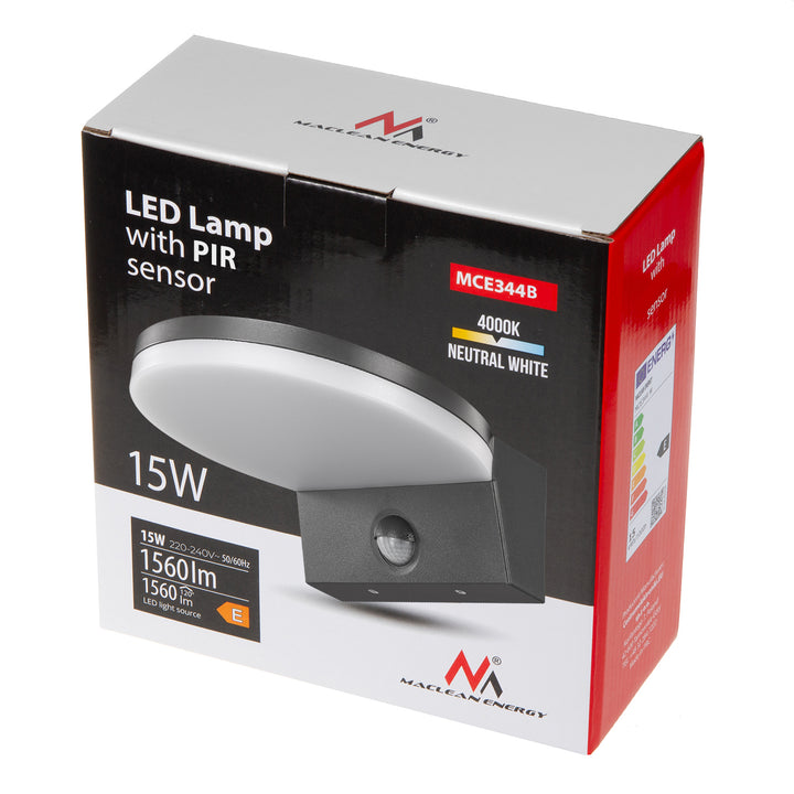 Maclean Bewegungsmelder LED-Lampe, PIR-Bewegungsmelder, schwarz, 15W, IP65, 1560lm, neutralweiß (4000K) MCE344 B