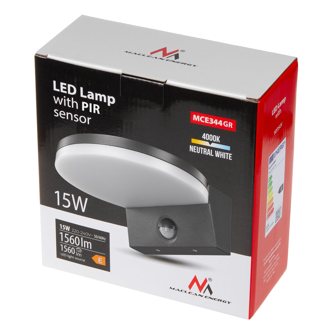 Maclean MCE344 GR Lámpara LED con sensor de movimiento, sensor de movimiento PIR, gris, 15W, IP65, 1560lm, blanco neutro (4000K)