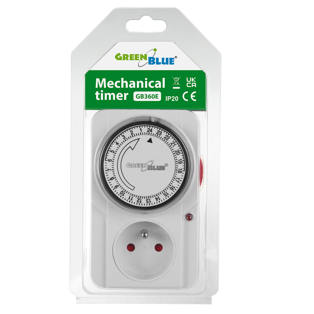 GreenBlue GB360 E Timer - Mechanical Timer, 48 programs, Max. Load 16A, IP20, European Plug