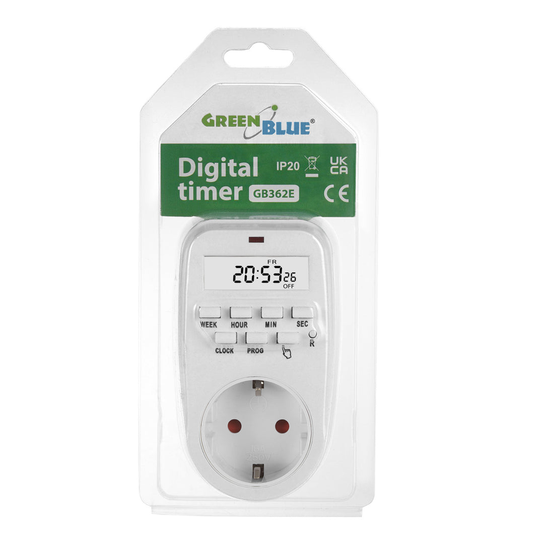 GreenBlue GB362 F Interruptor Horario Digital - Temporizador, 8 Programas, 16 Combinaciones, Carga máx. 16A, IP20