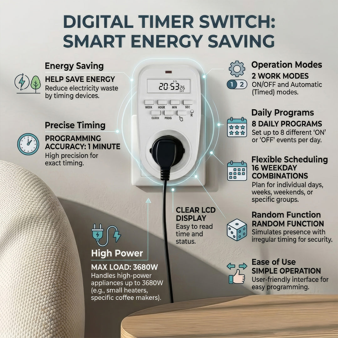 GreenBlue GB362 E Timer Switch - Digital Timer, Max. Load 16A, IP20, European Plug