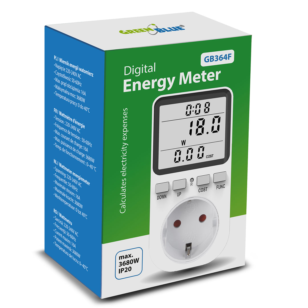 GreenBlue Energiezähler, Wattzähler, Typ F, 220-240V AC, 50Hz, max. Belastung 16A, IP20, eingebaute Batterie, GB364 F