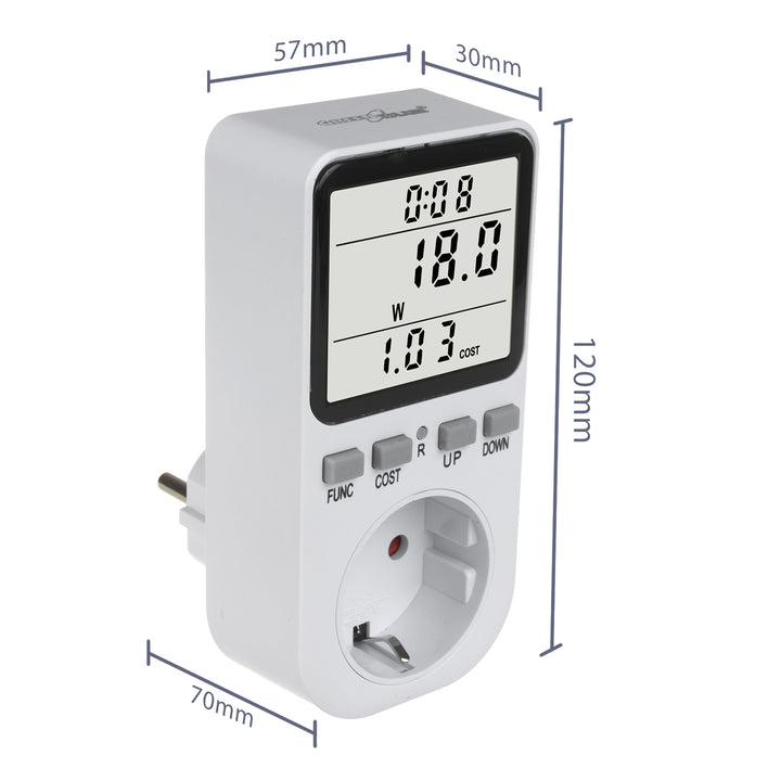 GreenBlue GB364 F Contador de Energía, Vatímetro, Tipo F, 220-240V CA, 50Hz, Carga máx. 16A, IP20, Batería Incorporada