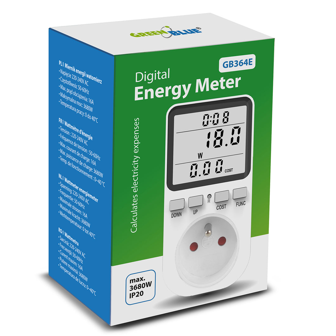 GreenBlue Energiezähler, Wattzähler, Typ E, 220-240V AC, 50Hz, max. Belastung 16A, IP20, eingebaute Batterie, GB364 E