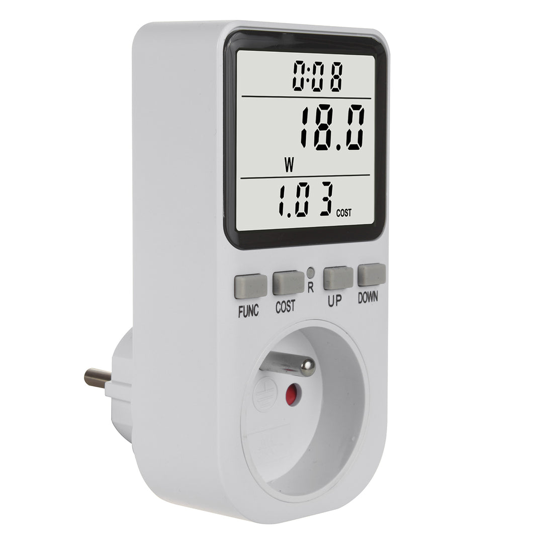 GreenBlue GB364 E Energy Meter, Wattmeter, Type E, 220-240V AC, 50Hz, Max. Load 16A, IP20, Built-in battery, European Plug