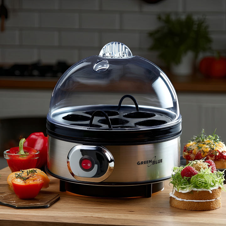GreenBlue cuiseur d'œufs automatique, puissance 400W, jusqu'à 7 œufs, gobelet gradué, 220-240V~, 50 Hz, GB572