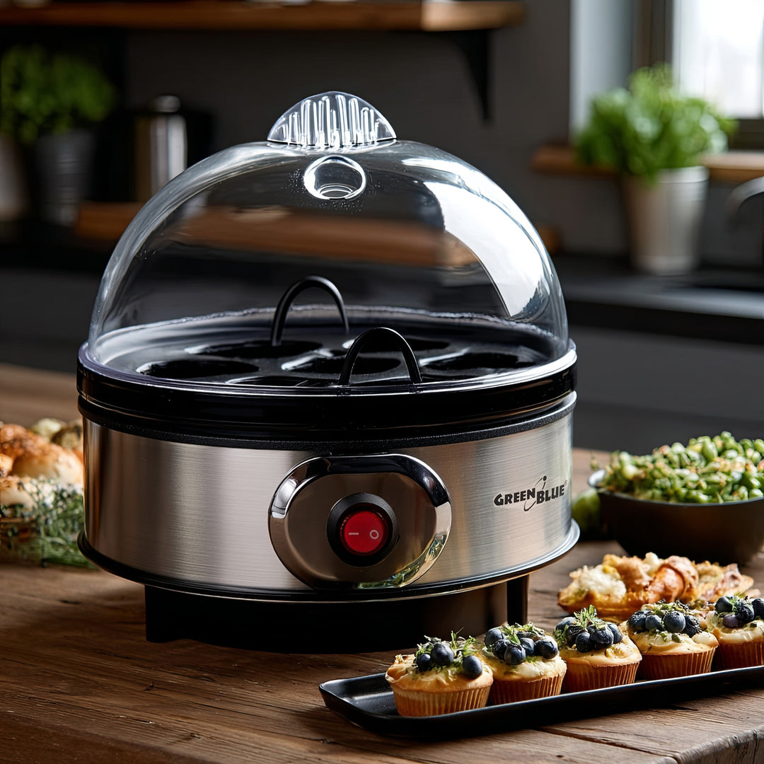 GreenBlue cuiseur d'œufs automatique, puissance 400W, jusqu'à 7 œufs, gobelet gradué, 220-240V~, 50 Hz, GB572