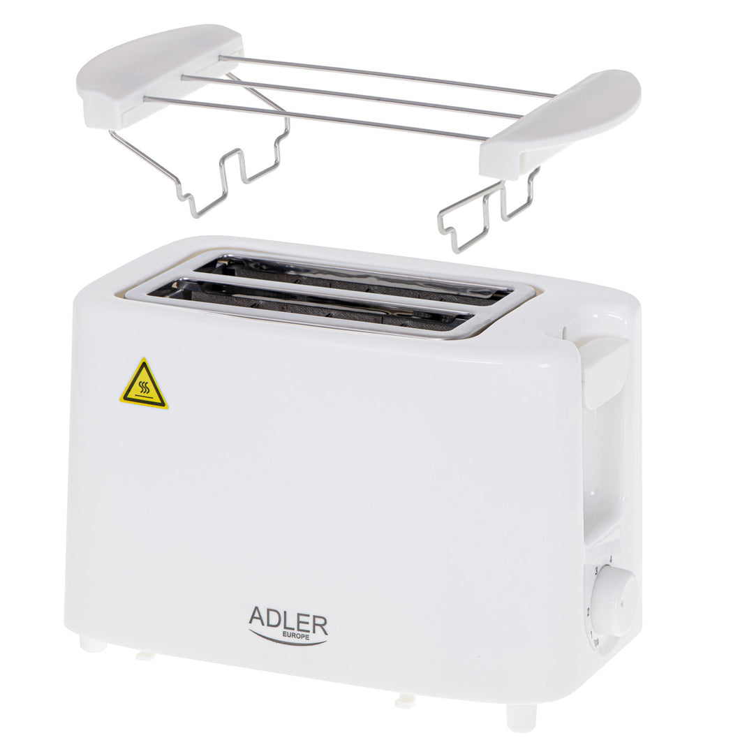 Tostadora Adler, 6 niveles de regulación, rejilla para panecillos, 900W, blanca, AD 3223