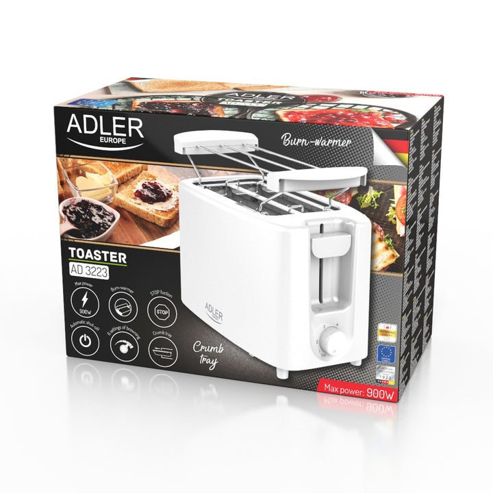 Tostadora Adler, 6 niveles de regulación, rejilla para panecillos, 900W, blanca, AD 3223