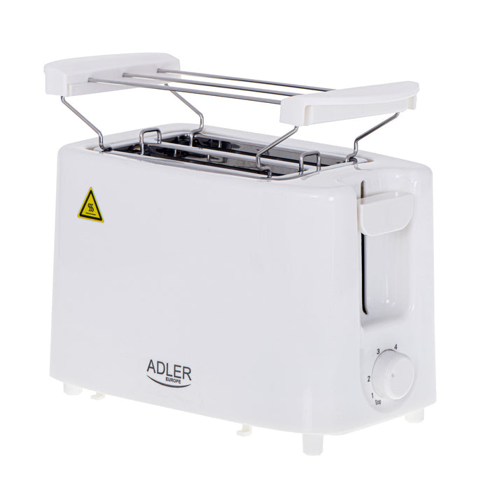 Tostadora Adler, 6 niveles de regulación, rejilla para panecillos, 900W, blanca, AD 3223