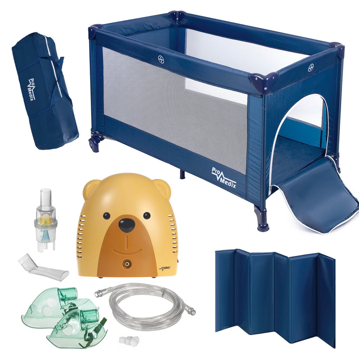 Promedix travel crib,125x65x74cm, blue, casters, protective cover, PR-803B + Baby bear inhaler PR-811