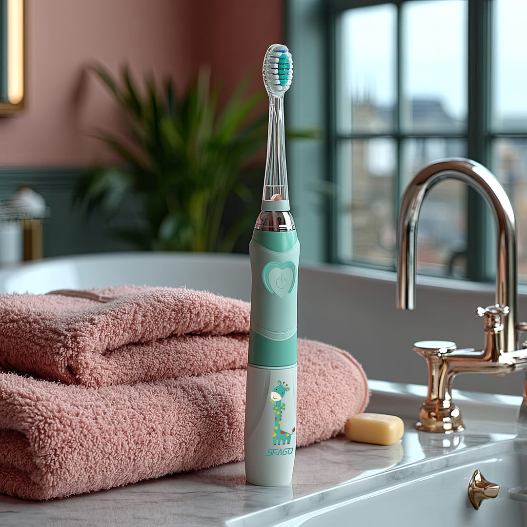 SEAGO Kinder-Schallzahnbürste, Farbe grün, 1xAA 1,5V (nicht enthalten), 3 Aufsätze, SG-977 Grün