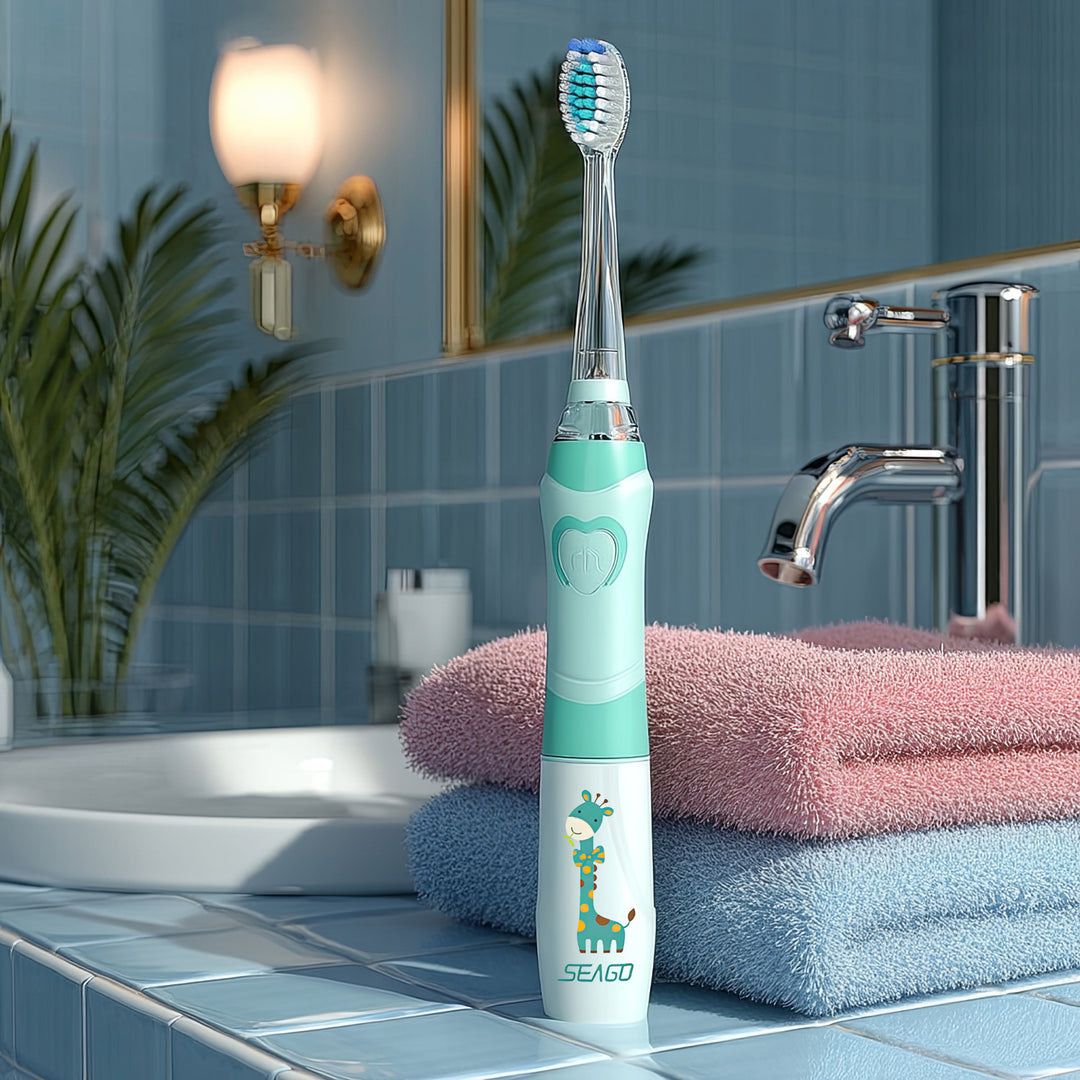 SEAGO Kinder-Schallzahnbürste, Farbe grün, 1xAA 1,5V (nicht enthalten), 3 Aufsätze, SG-977 Grün