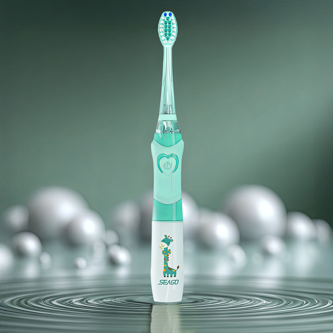 SEAGO Kinder-Schallzahnbürste, Farbe grün, 1xAA 1,5V (nicht enthalten), 3 Aufsätze, SG-977 Grün
