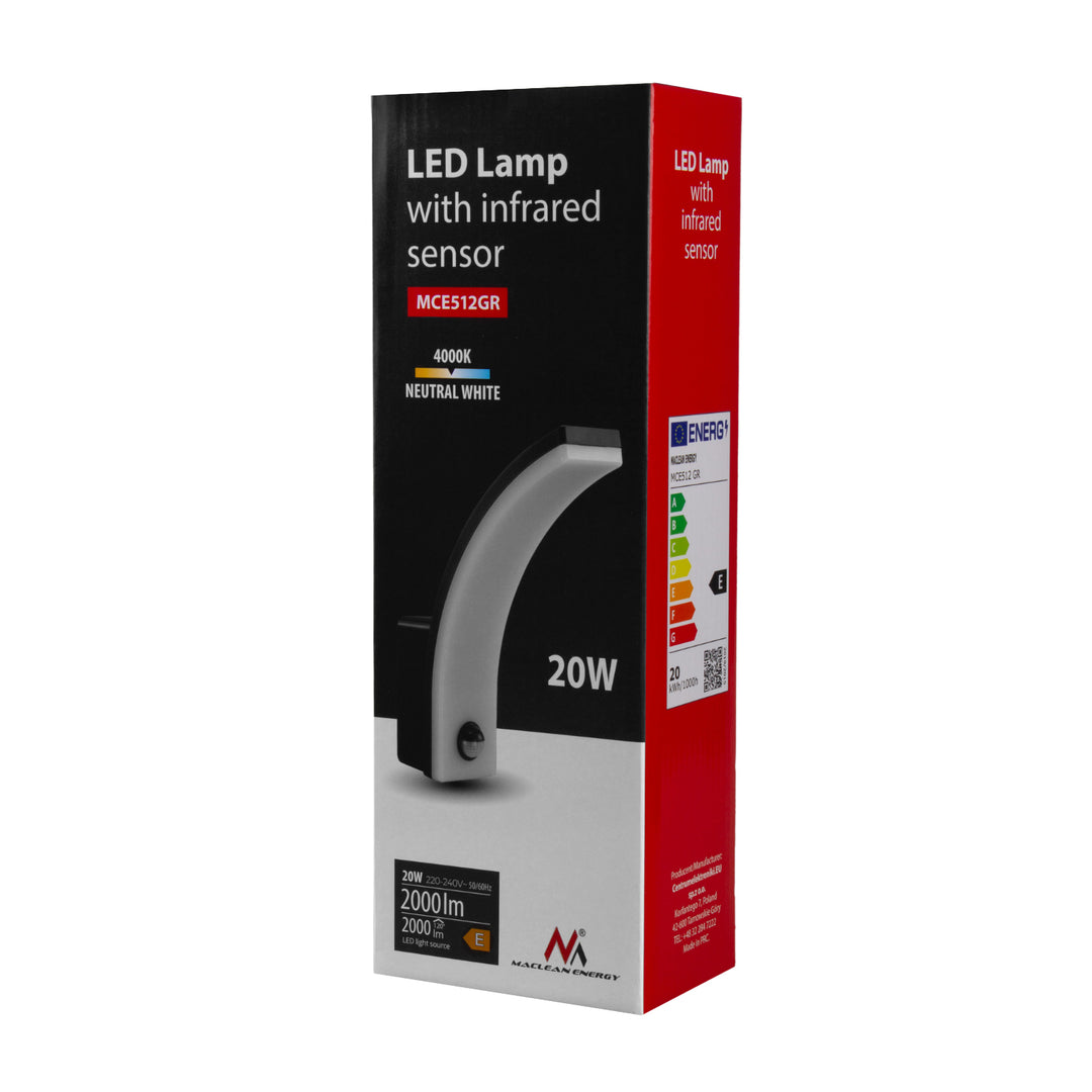 Maclean MCE512 GR Aplique LED con Sensor de Movimiento y Crepuscular, Iluminación de Pared para Interior y Exterior, Lámpara 20W, IP65 Resistente al Agua, 2000lm, Blanco Neutro 4000K